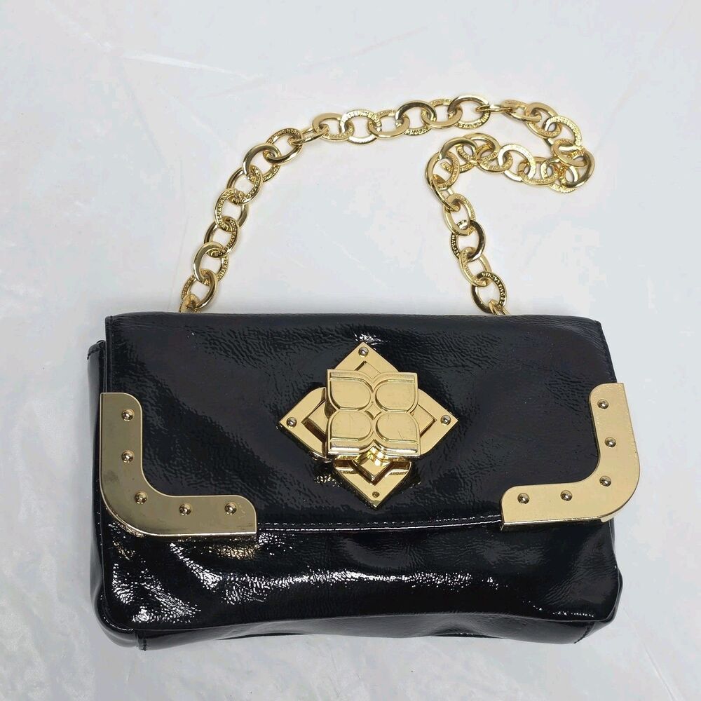 BCBGMaxAzria Black Patent Leather Clutch Evening Bag Gold Hardware Party Prom